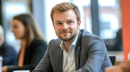 Naklejka premium Professional Business Meeting with Engaged Colleagues Discussing Ideas, Focused Man in Gray Suit Smiling at Camera, Blurred Background of Office Setting
