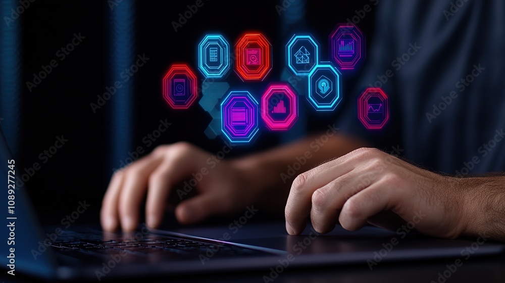 Poster hands typing on laptop with digital icons symbolizing technology, data, and cybersecurity in a dark 