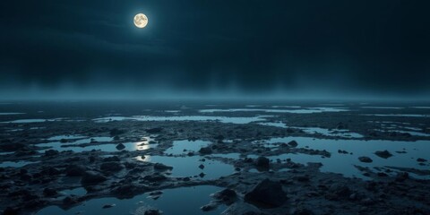 Abstract mars like terrain with muddy puddles of water, textured rocks, heavy fog rolling through, night background, mars moon, other world, doomed concepts, moon, puddles