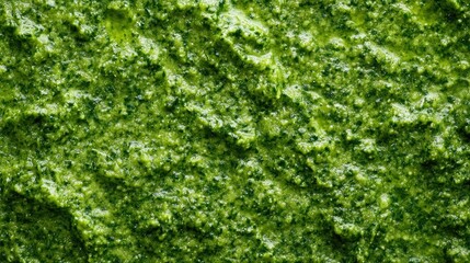 Vibrant green basil pesto showcasing a rich, creamy texture with flecks of fresh herbs, perfect for culinary presentations and appetizing dishes.