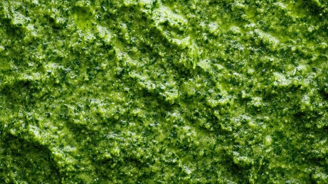 Vibrant green basil pesto showcasing a rich, creamy texture with flecks of fresh herbs, perfect for culinary presentations and appetizing dishes.