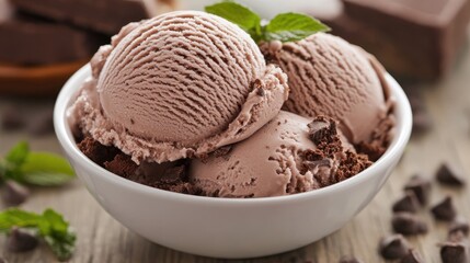 Decadent chocolate brownie ice cream scoops garnished with fresh mint leaves in a rustic bowl, surrounded by chocolate chunks and chips.