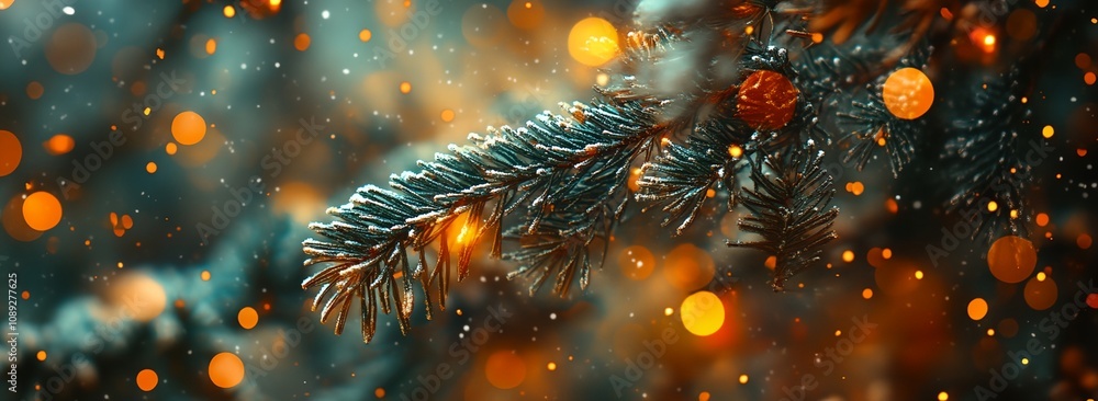 Aufkleber a tree branch covered in snow and lights. the lights are scattered around the branch, creating a war
