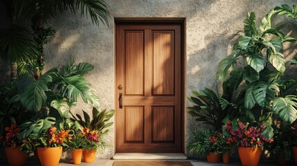 Fototapeta premium Welcoming entrance featuring a classic wooden door framed by lush potted plants and colorful flowers, creating a warm and inviting atmosphere.