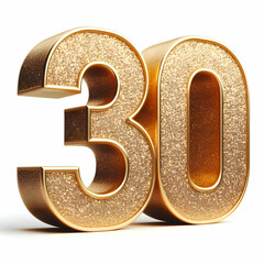 Golden 3d number 30 in glitter texture isolated on white background