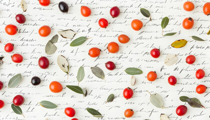 Flatlay of red and black berries, eucalyptus leaves, on antique handwritten letter background.  Perfect for autumn, fall, harvest, or vintage aesthetic projects.