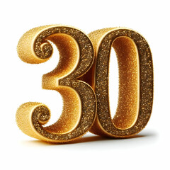 Golden 3d number 30 in glitter texture isolated on white background