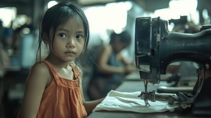 Young girl sewing garments in a factory, illustrating harsh child labor conditions and the urgent issue of worker exploitation and rights violations.