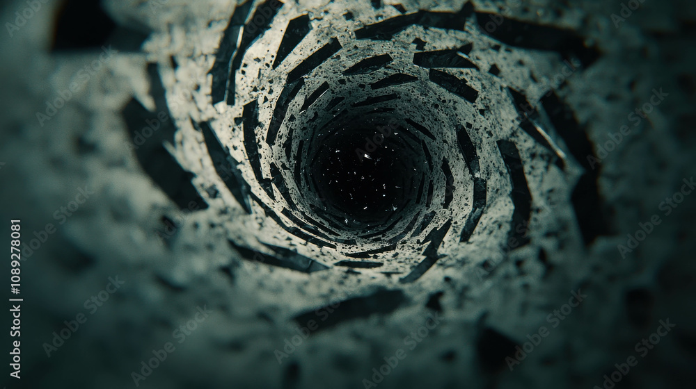 Poster abstract spiral tunnel perspective creating a mysterious depth with cracked fragments and dark backg