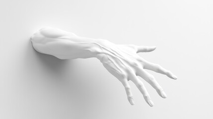 3D rendered white human hand with an extended forefinger protruding from a smooth, minimalist white background showcasing intricate details and contours.