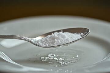 An image of a spoon filled with baking soda held above a white plate, with bubbling liquid on the plate surface beneath it.