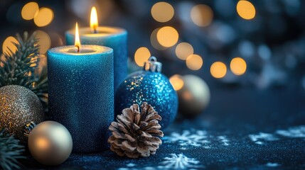 Close-up of blue candles with glowing flames surrounded by festive decorations and pinecones, creating a warm and atmospheric holiday ambiance.