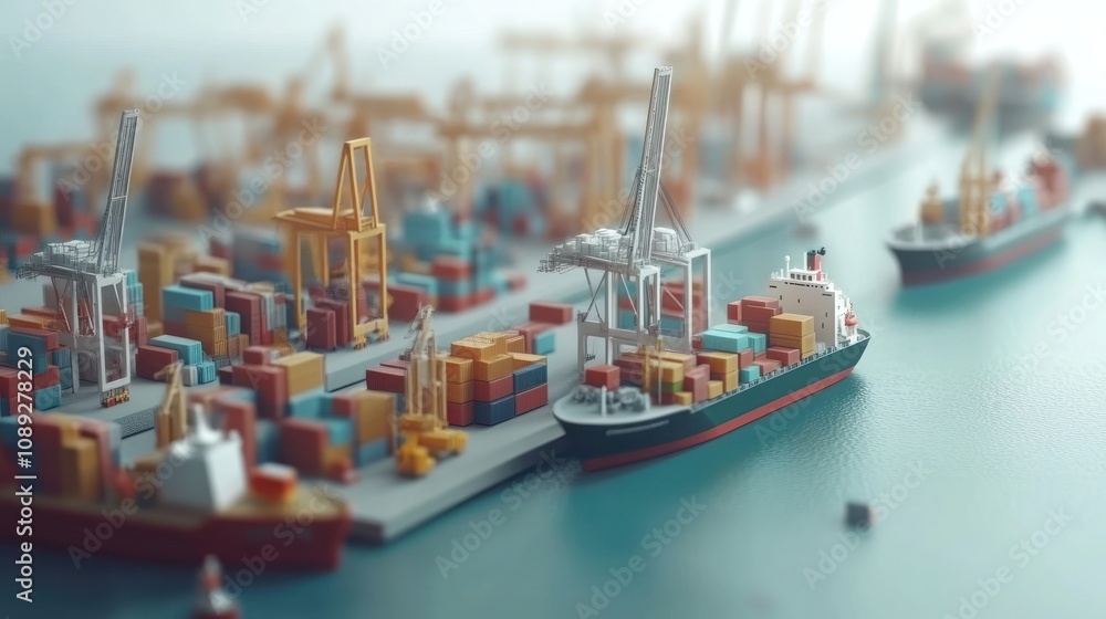 Poster a miniature scene of a busy port with cargo ships and containers.