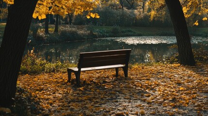 Cozy wooden bench beside a serene pond in an autumn park, surrounded by a vibrant carpet of yellow leaves and bathed in warm, gentle light.