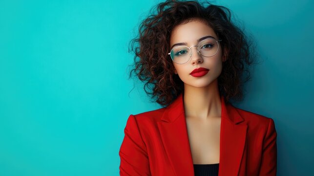 Confident individual in a red blazer and glasses exudes professionalism with vibrant blue background highlighting stylish flair and charisma.