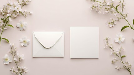 Elegant wedding invitation card mockup with envelope and blank card surrounded by delicate white flowers in both front and back views ideal for customization