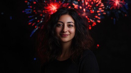 Vibrant fireworks in red, white, and blue illuminate the night sky behind a smiling woman, capturing the festive spirit of celebrations and joy.