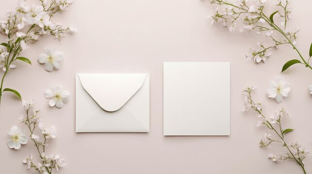 Elegant wedding invitation card mockup with envelope and blank card surrounded by delicate white flowers in both front and back views ideal for customization