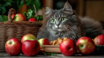 Curious fluffy gray cat with striking green eyes observing food on a table surrounded by bright apples in a cozy kitchen atmosphere
