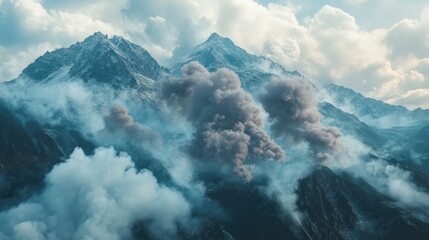 Majestic mountains shrouded in clouds, with dramatic plumes of smoke billowing amidst the rugged peaks under a moody sky.
