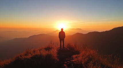 Fototapeta premium CEO Silhouette Overlooking Scenic Sunrise Amidst Mountain Landscape and Rich Horizon Displaying Growth Opportunities