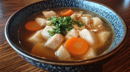 Bowl of savory chicken soup with tender pieces of chicken, vibrant carrots, and a sprinkle of green onions in a decorative blue dish.