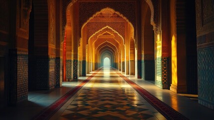 Obraz premium A breathtaking mosque interior showcasing intricate architectural details illuminated by sunlight, creating a serene and spiritual atmosphere.