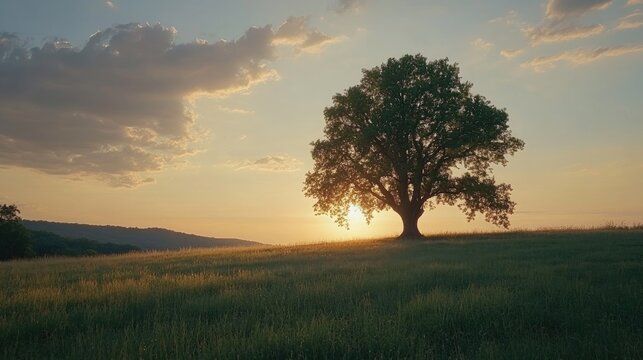 Solitary oak tree silhouetted against a colorful sunset in a tranquil countryside meadow, capturing the essence of a serene summer evening.