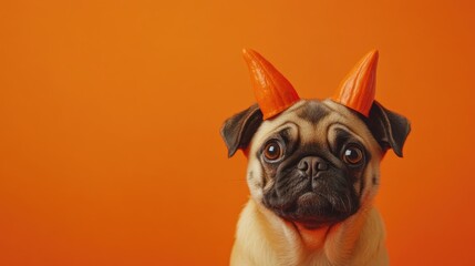 Halloween themed pug wearing pumpkin horns against a vibrant orange backdrop with plenty of empty space for text or graphics