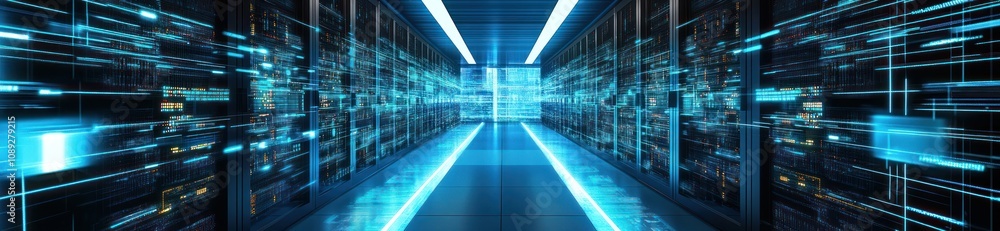Poster A futuristic data center with illuminated pathways and digital elements.