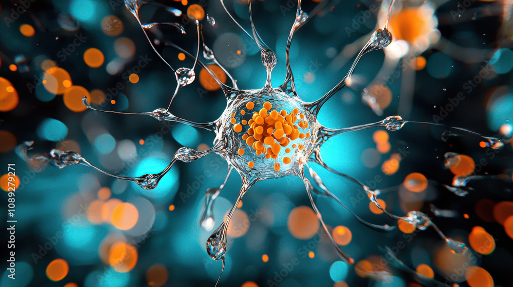 Poster vibrant neuron with glowing orange and blue particles, showcasing intricate details of neural connec