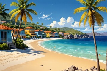 Colorful beachside villas under palm trees beside clear blue waters on a sunny day