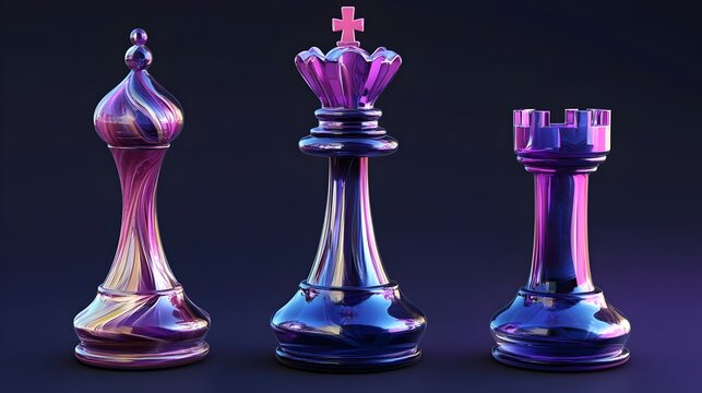 3d rendering glassy Chess pieces set isolated on dark background. Glassmorphism Chess pieces. Chess element fighting theme for the Lightning Shot. concep for business, competition, and decision-making