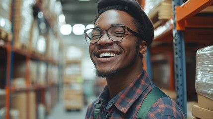 Smiling Young Warehouse Worker in Glasses and Beret Surrounded by Shelves of Boxes in a Bright Commercial Storage Space