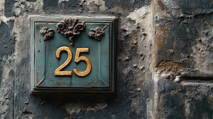 Vintage plaque with the number 25 in ornate golden lettering displayed on a weathered, textured wall with peeling paint and intricate details.