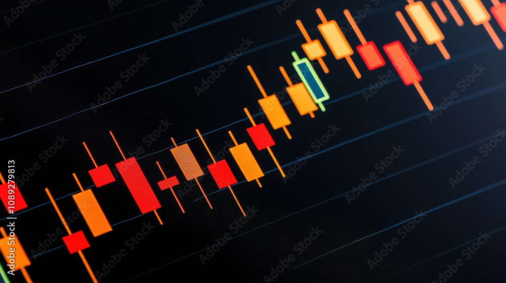 Poster close up of stock market chart displaying candlestick patterns in vibrant colors. interface shows re