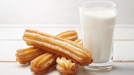 Homemade churros dusted with sugar, arranged beside a glass of creamy milk on a rustic white wooden tabletop.