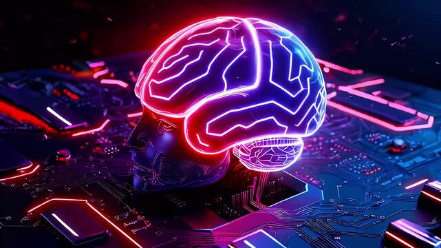 Neon brain on a circuit board.