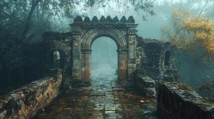 Fototapeta premium Historic ruins framed by lush foliage with a misty atmosphere, featuring an intricate archway and soft, muted colors creating an enchanting scene.