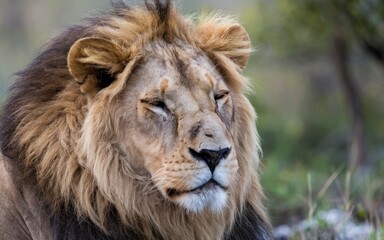 Majestic african lion. Powerful male lion portrait conveying strength, wisdom, and regal dominance in the African savanna.