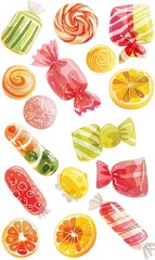 Set of colorful candies and lollipops on a white background