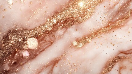 Obraz premium Rose gold glitter marble texture featuring a soft pink palette with shimmering gold and copper accents for a luxurious and elegant background.