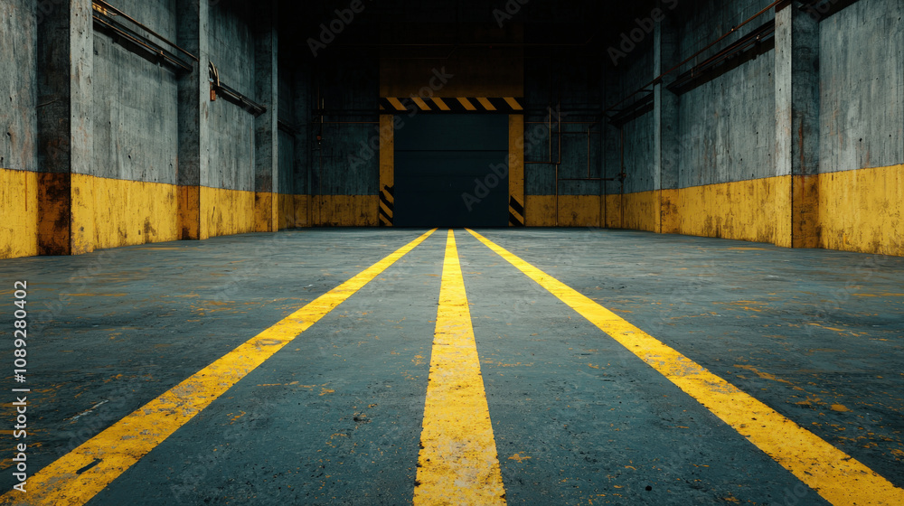 Poster empty factory floor with yellow lines and dark walls, creating stark industrial atmosphere. machiner