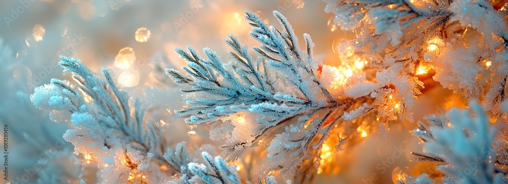 Poster a tree branch covered in snow and glowing with lights. the lights are on, creating a warm and inviti