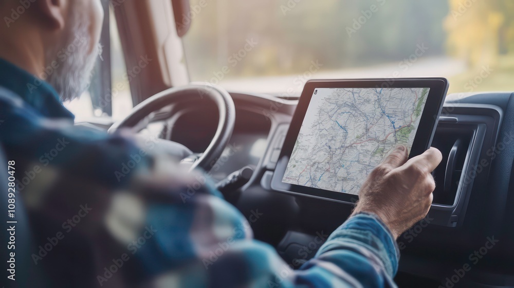 Poster A truck driver consults a map displayed on a tablet, with a blurred background and ample blank space for additional content.