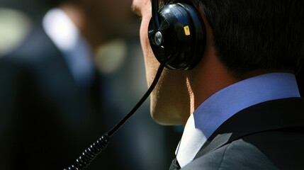 Customer support representative in a suit using a headset, engaged in professional communication with clients in a modern office environment.