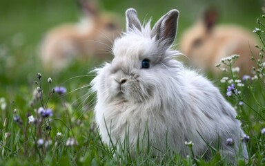 Fluffy bunny in meadow. Adorable white rabbit in a field of wildflowers.  Symbolizes gentleness and springtime joy.