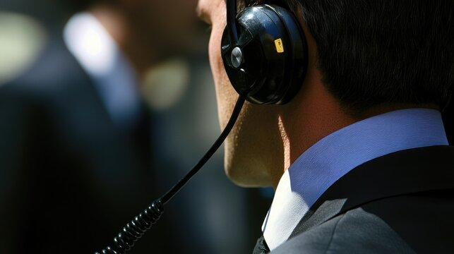 Customer support representative in a suit using a headset, engaged in professional communication with clients in a modern office environment.