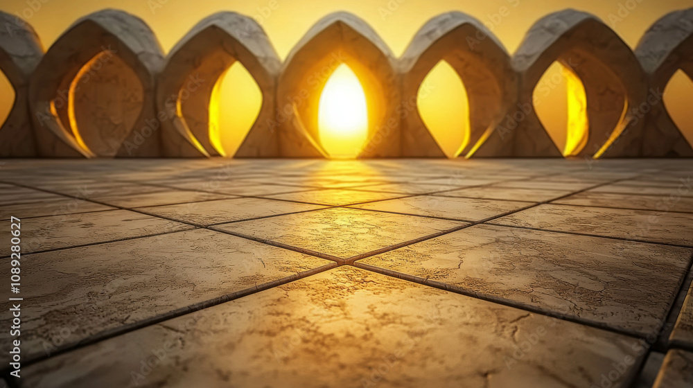 Poster sunset reflection on textured tiles with architectural arches framing golden horizon creating a sere