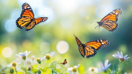 Monarch Butterflies Flying Gracefully Amidst Wildflowers Under a Radiant Sky in a Serene Natural Landscape